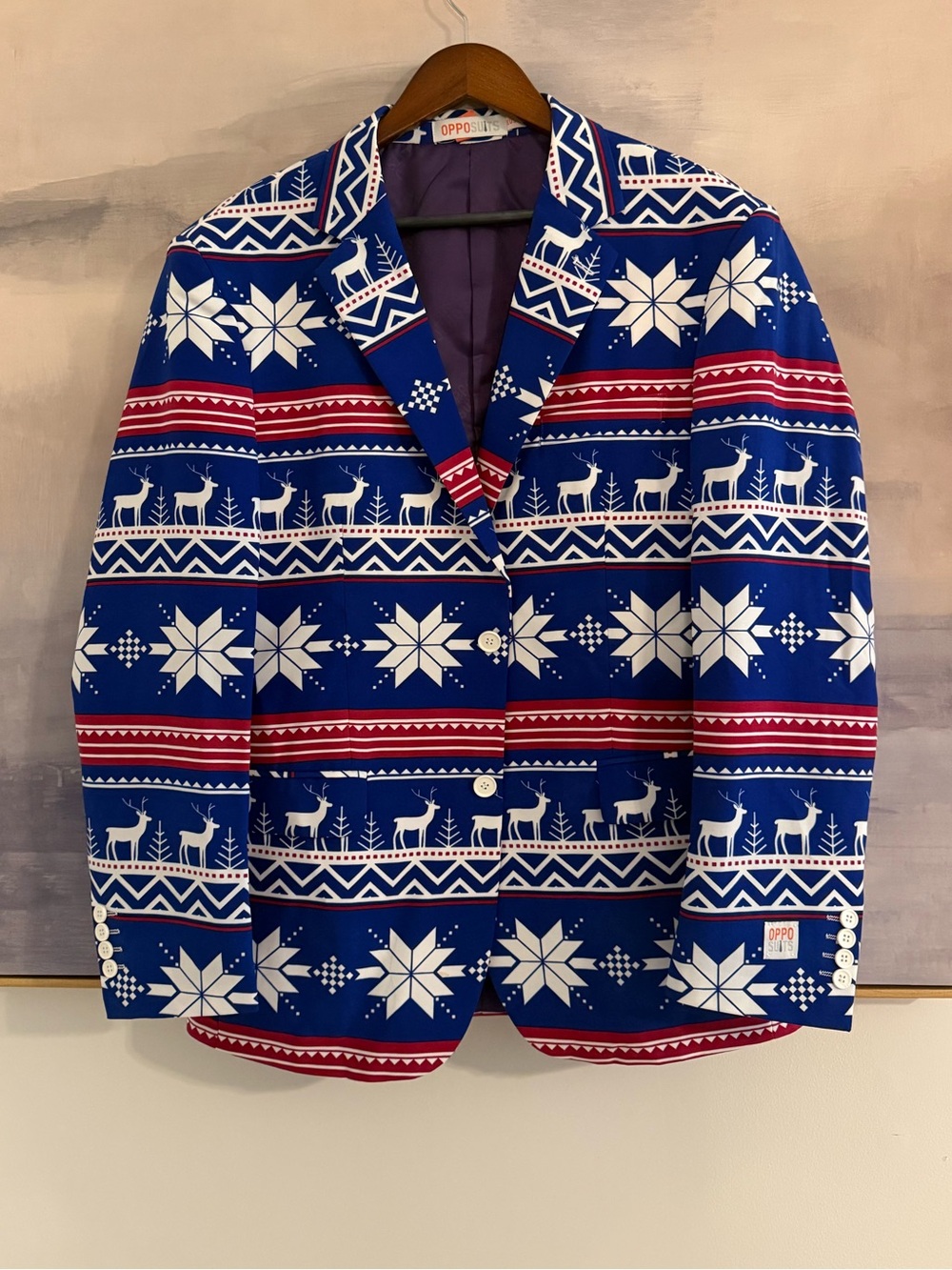 Men’s XL Festive Christmas Suit- Blue Reindeer Snowflake-‎ Jacket, Pants, Tie